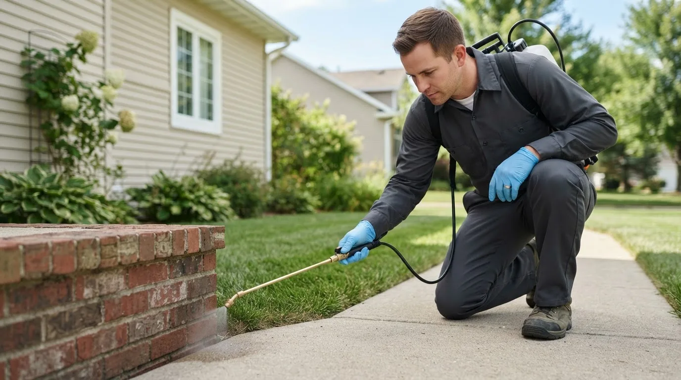 Pest control technician treating a home near Bailey, MI