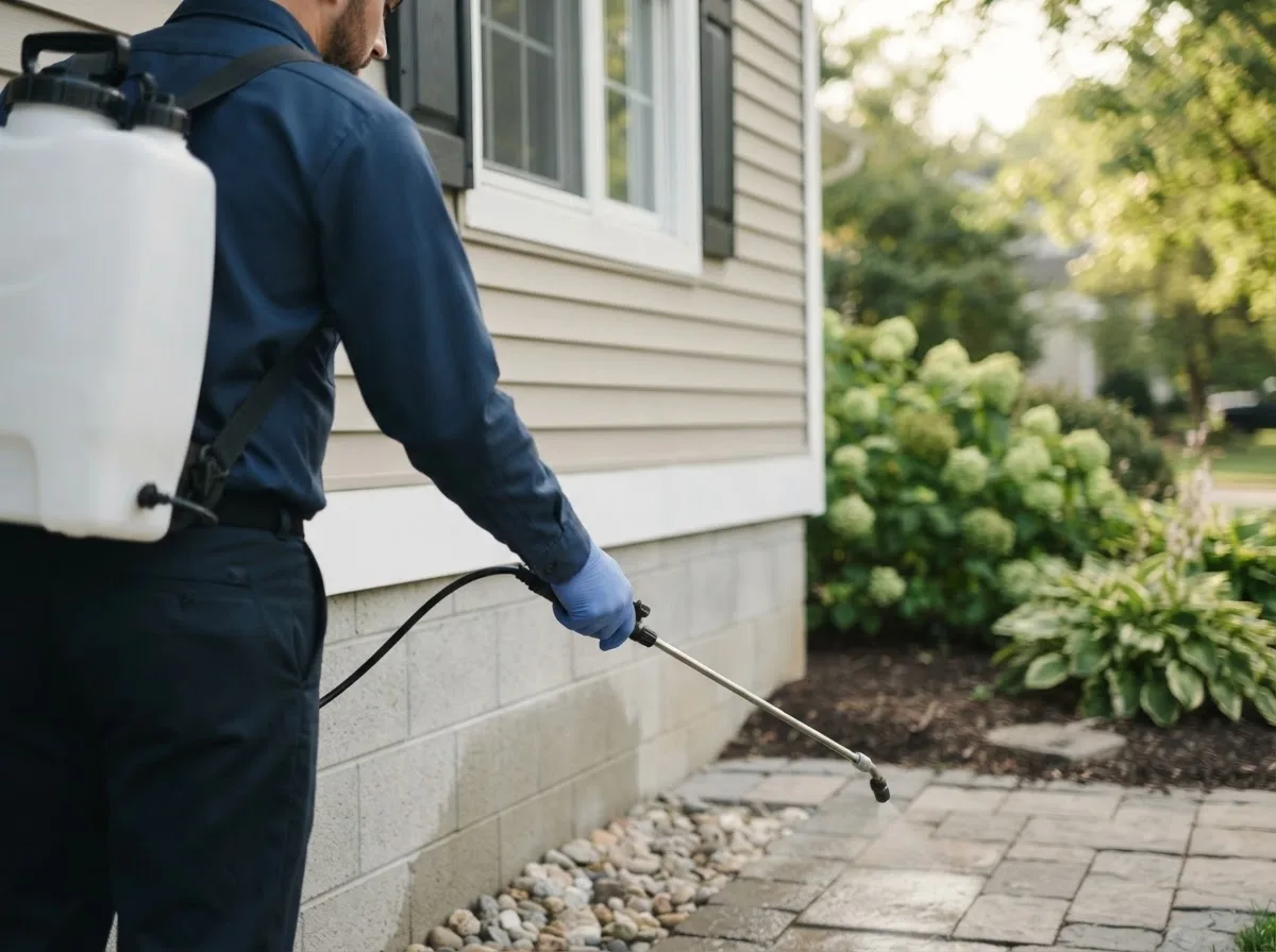 Pest control technician inspecting a home in Bailey, MI
